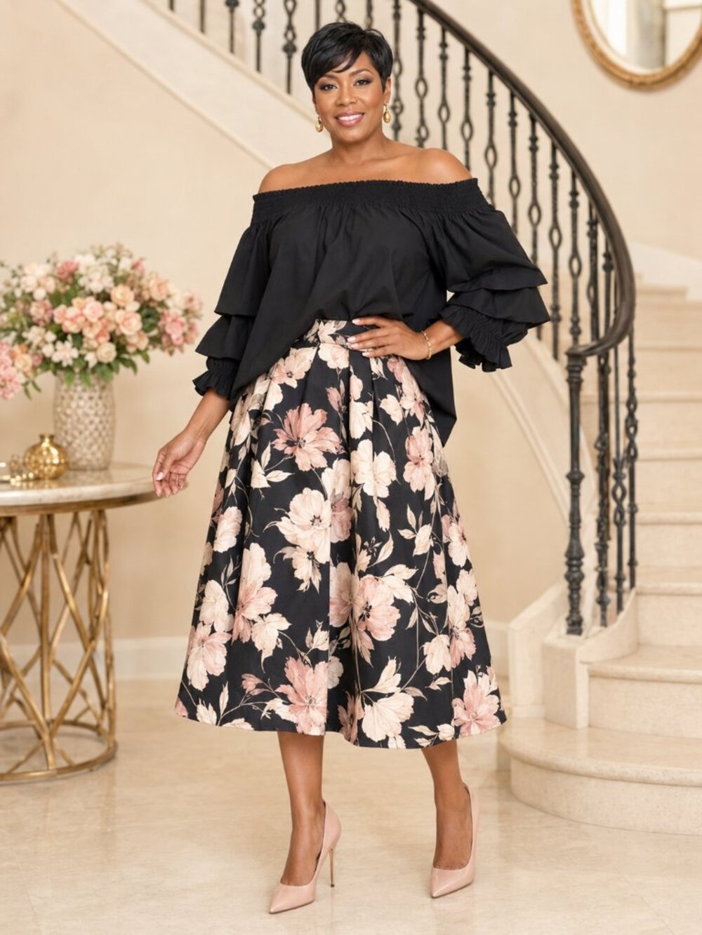 Black Off Shoulder Tiered Puff Sleeve Boho Blouse One Size